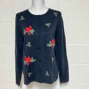 croft & barrow Black Cardigan Embellished w/Cardinals & Evergreens Size L